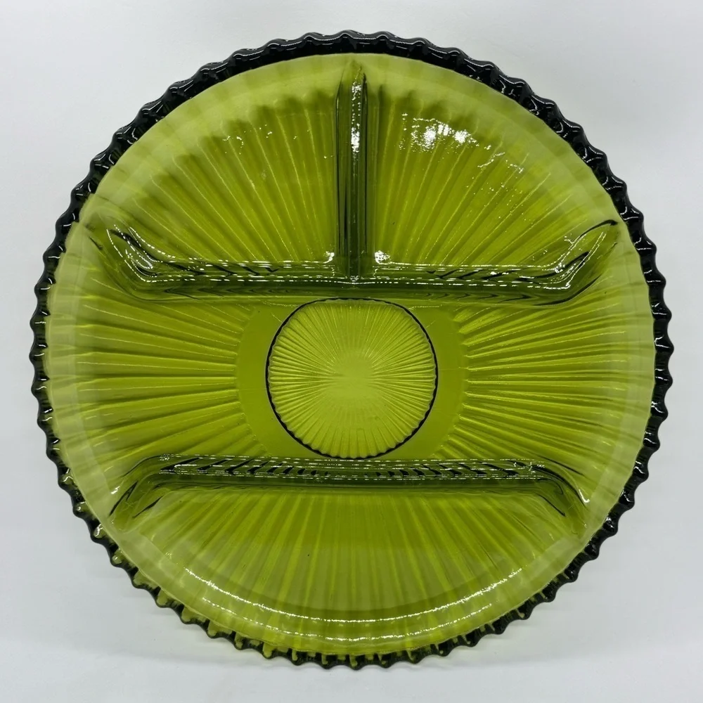 Vintage Indiana Glass Olive Green 1978 Divided Relish Plate